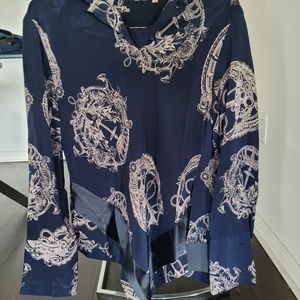 Pre-Owned Navy Blue & White Chiffon and Satin Blouse